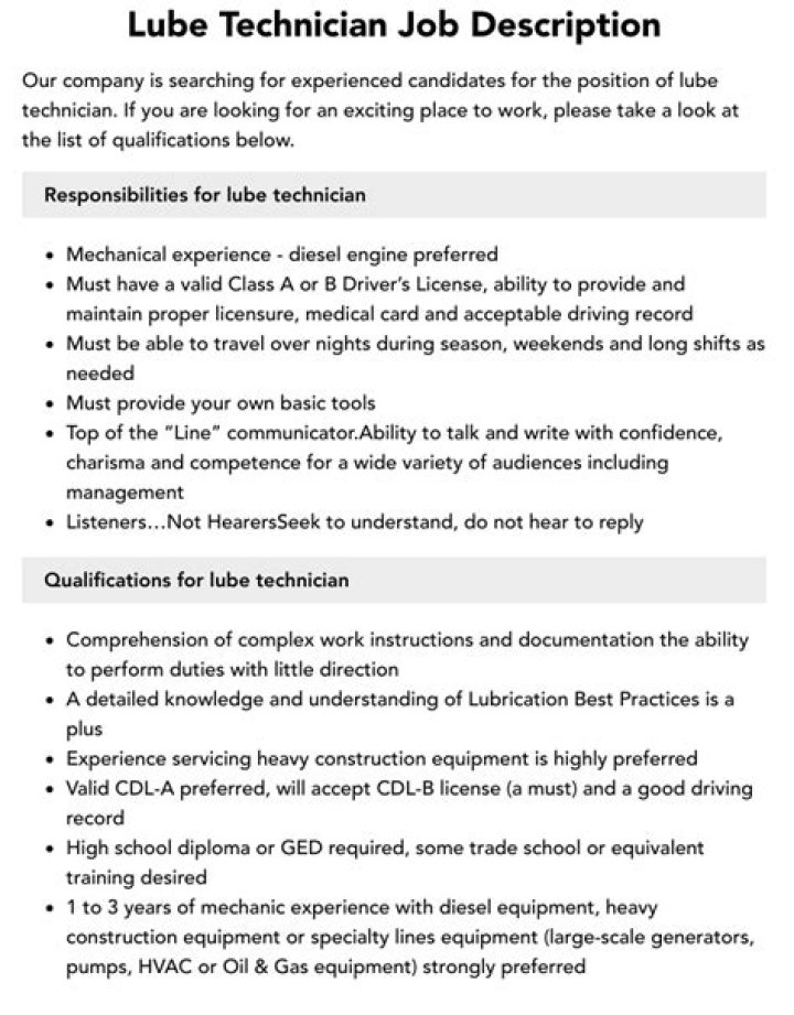 Lube Technician Job Description