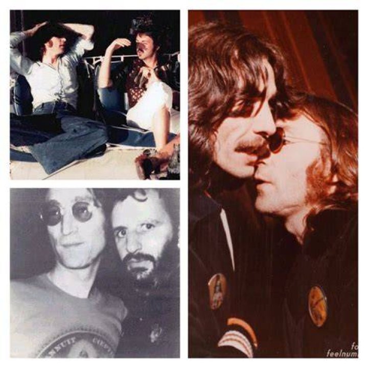 Ringo Starr, John Lennon George Harrison, and Paul McCartney of The Beatles sit on chairs in a theater.