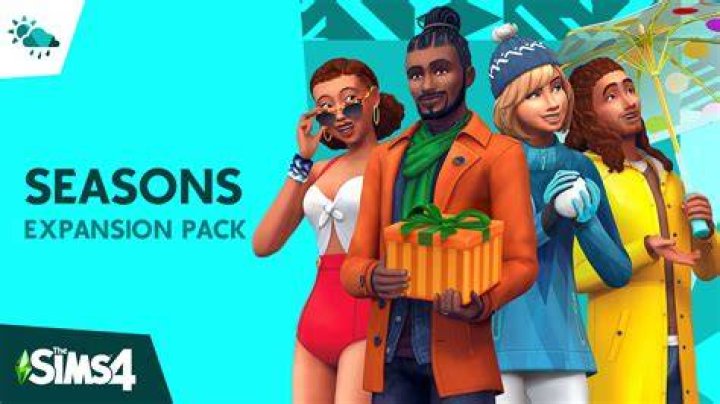 Sims 4 Seasons Expansion Main Art. The image shows 4 Sims dressed in seasonal gear. From left to right, summer, Fall, Winter and Spring. 