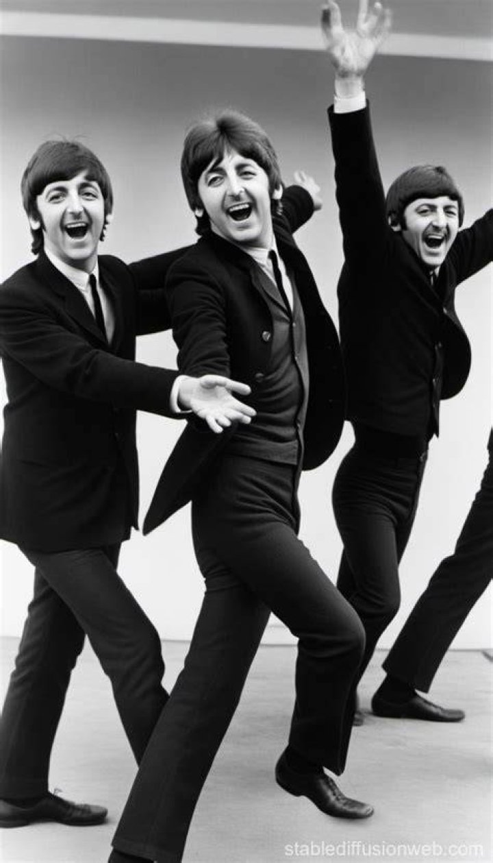 The Beatles pose together, leaning forward toward the camera. Bob Dylan wears sunglasses and stands by a window.