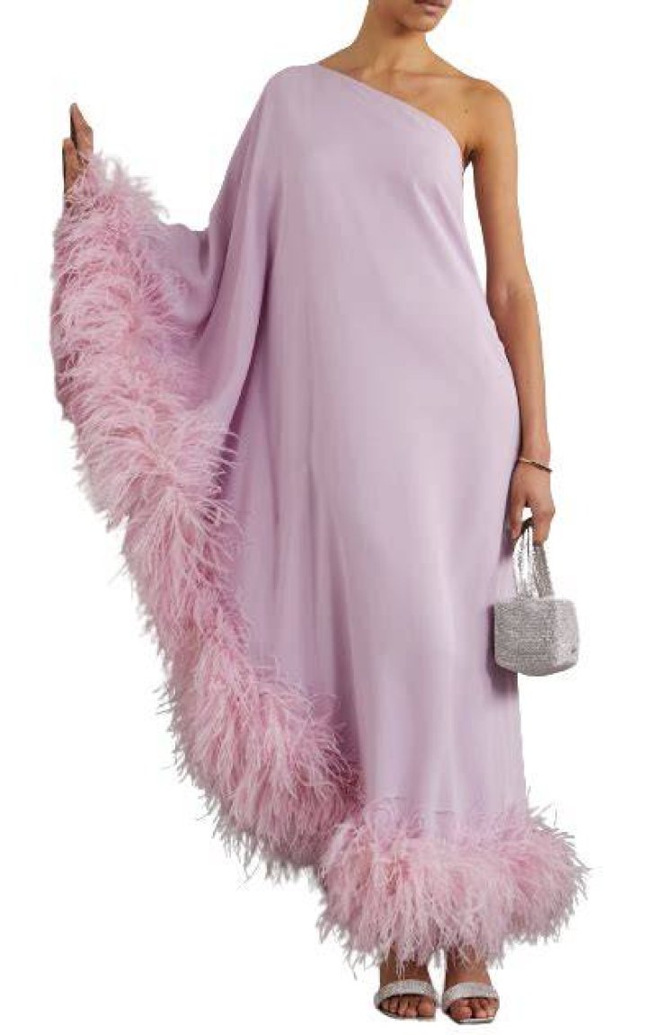 Ubud one-sleeve feather-trimmed crepe gown